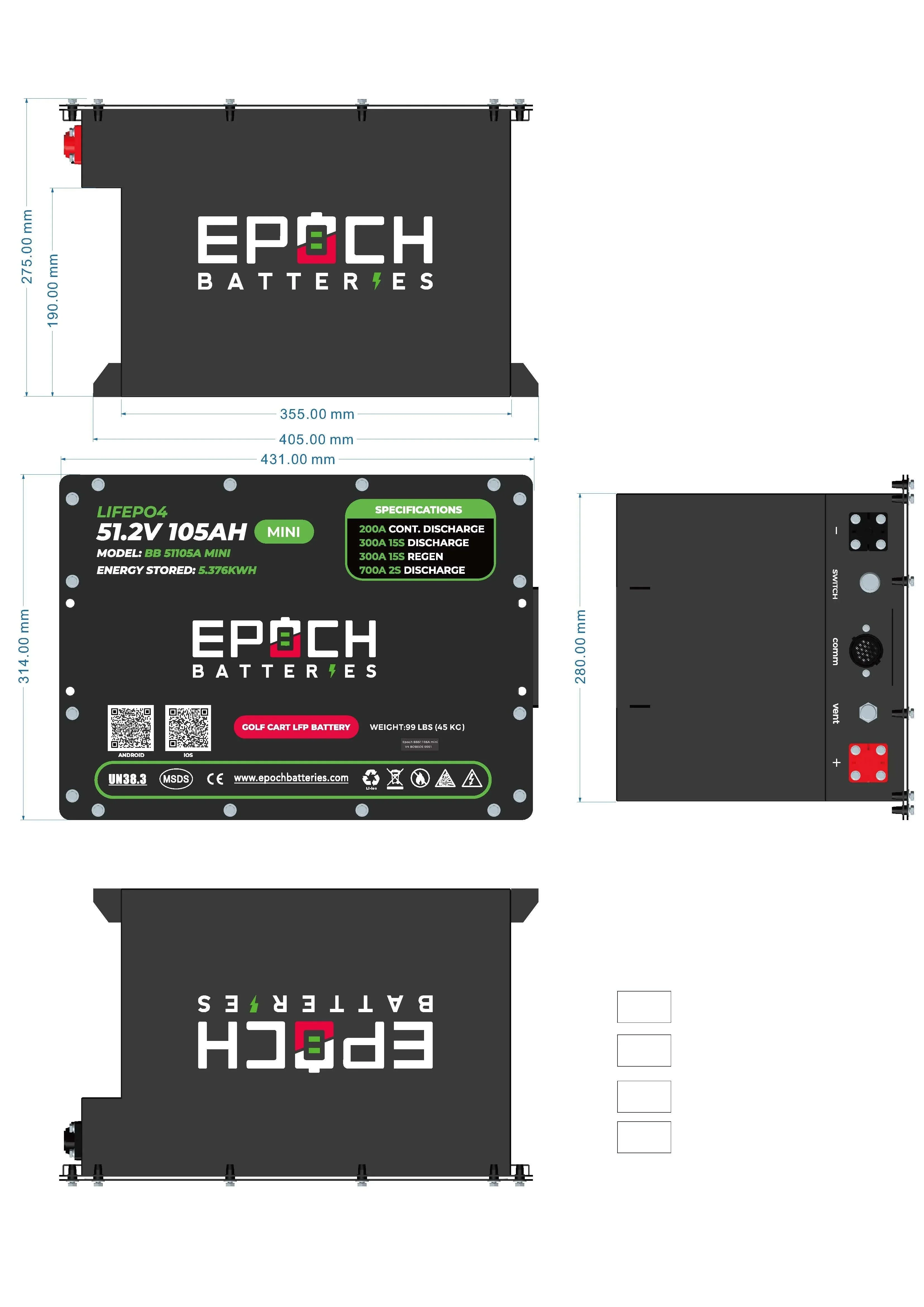 Epoch Batteries 48V 105Ah MINI - Lithium (LiFePO4) Golf Cart Battery - Complete Kit - Image 4