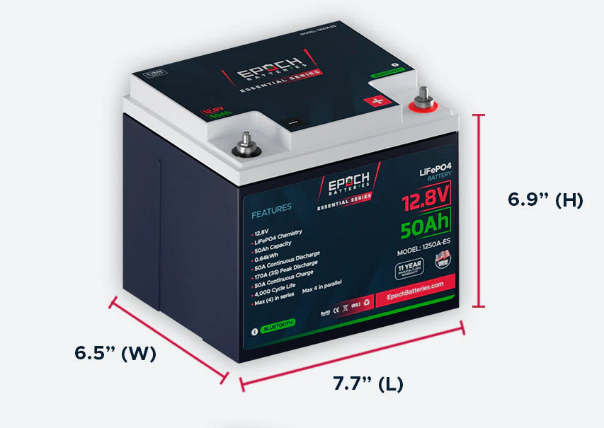 Epoch Batteries 12V 50Ah (0.64kWh) Essential Series - Bluetooth LiFePO4 Battery - Image 2