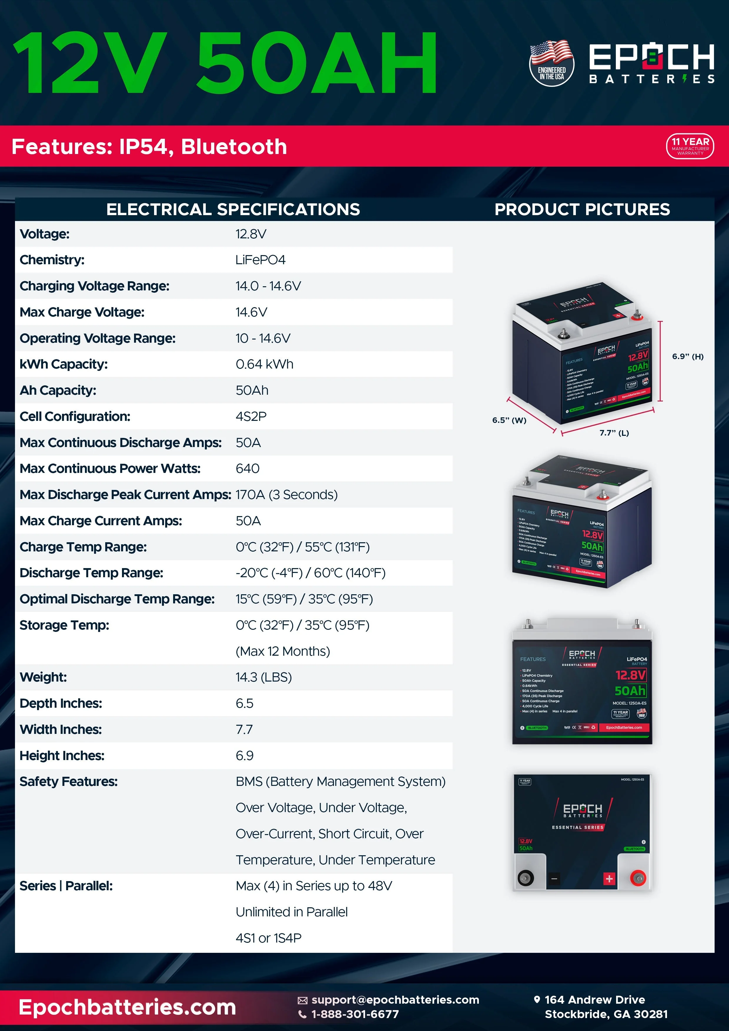 Epoch Batteries 12V 50Ah (0.64kWh) Essential Series - Bluetooth LiFePO4 Battery - Image 3