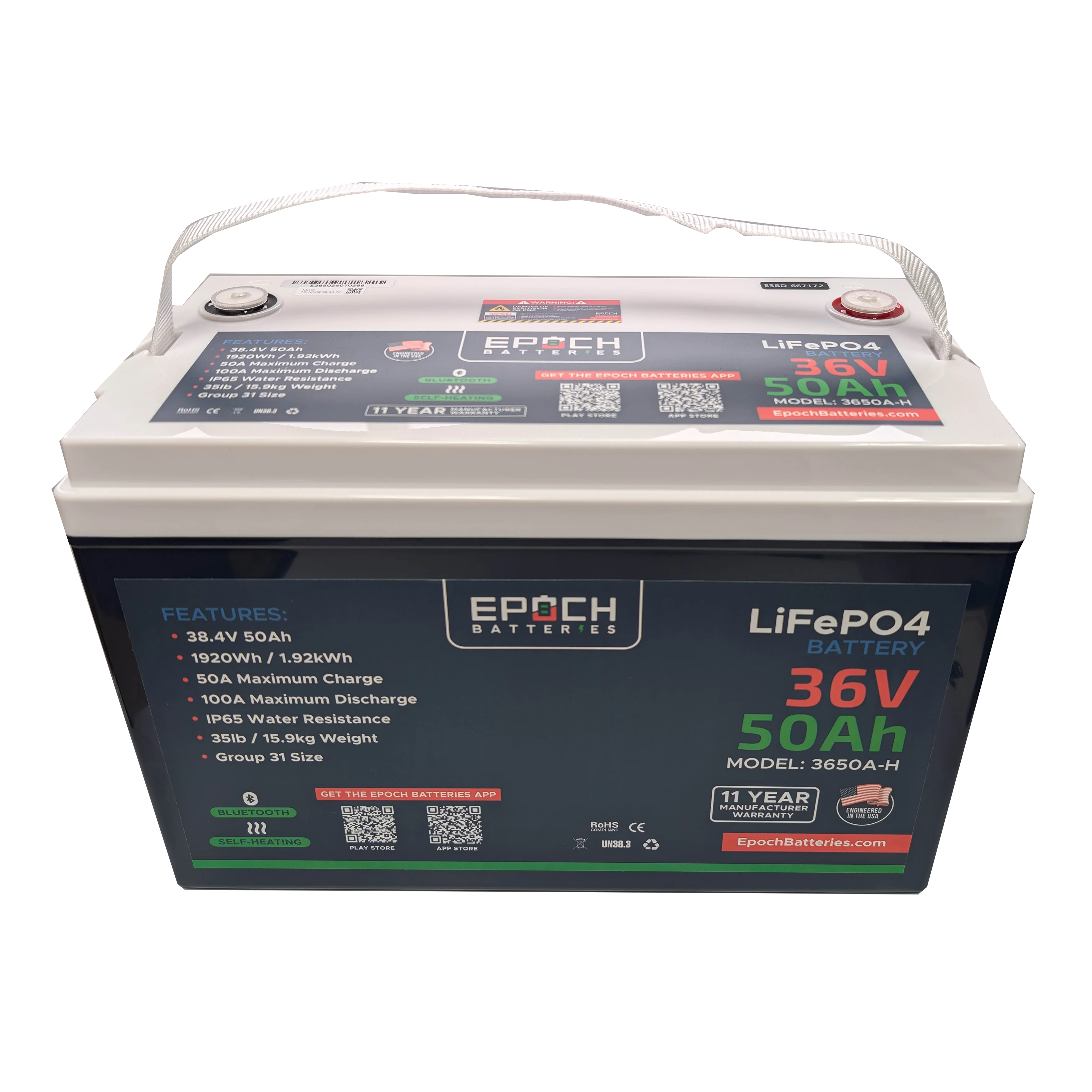 Epoch Batteries 36V 50Ah Essential Series - Bluetooth & Heated LiFePO4 Battery