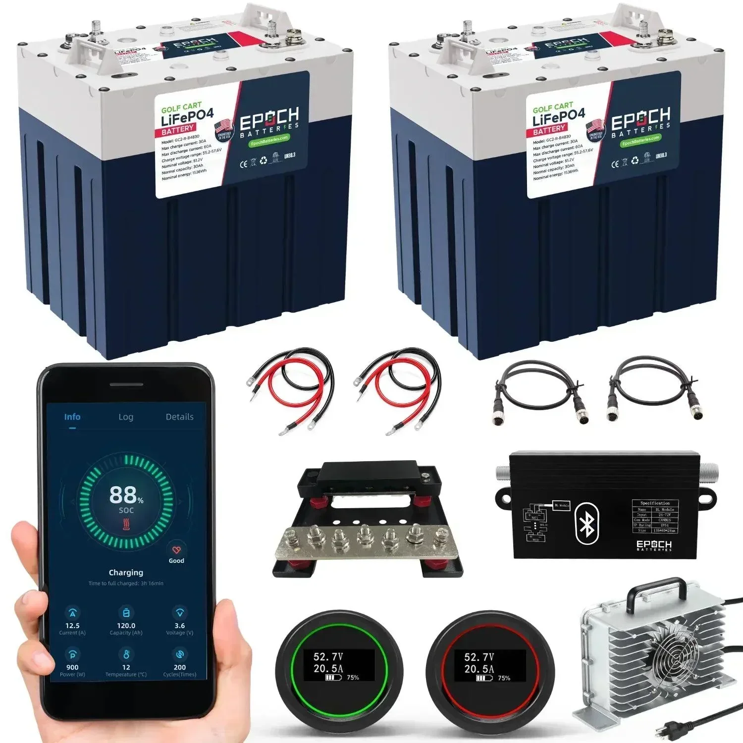 Epoch Batteries 48V 60Ah GC2 - Golf Cart LiFePO4 Lithium Battery - Complete Kit