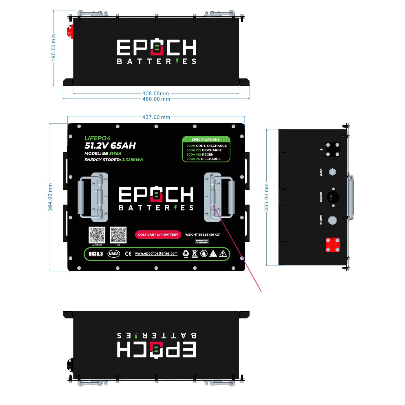 Epoch Batteries 48V 65Ah - LiMax Series - Lithium (LiFePO4) Golf Cart Battery - Complete Kit - Image 2