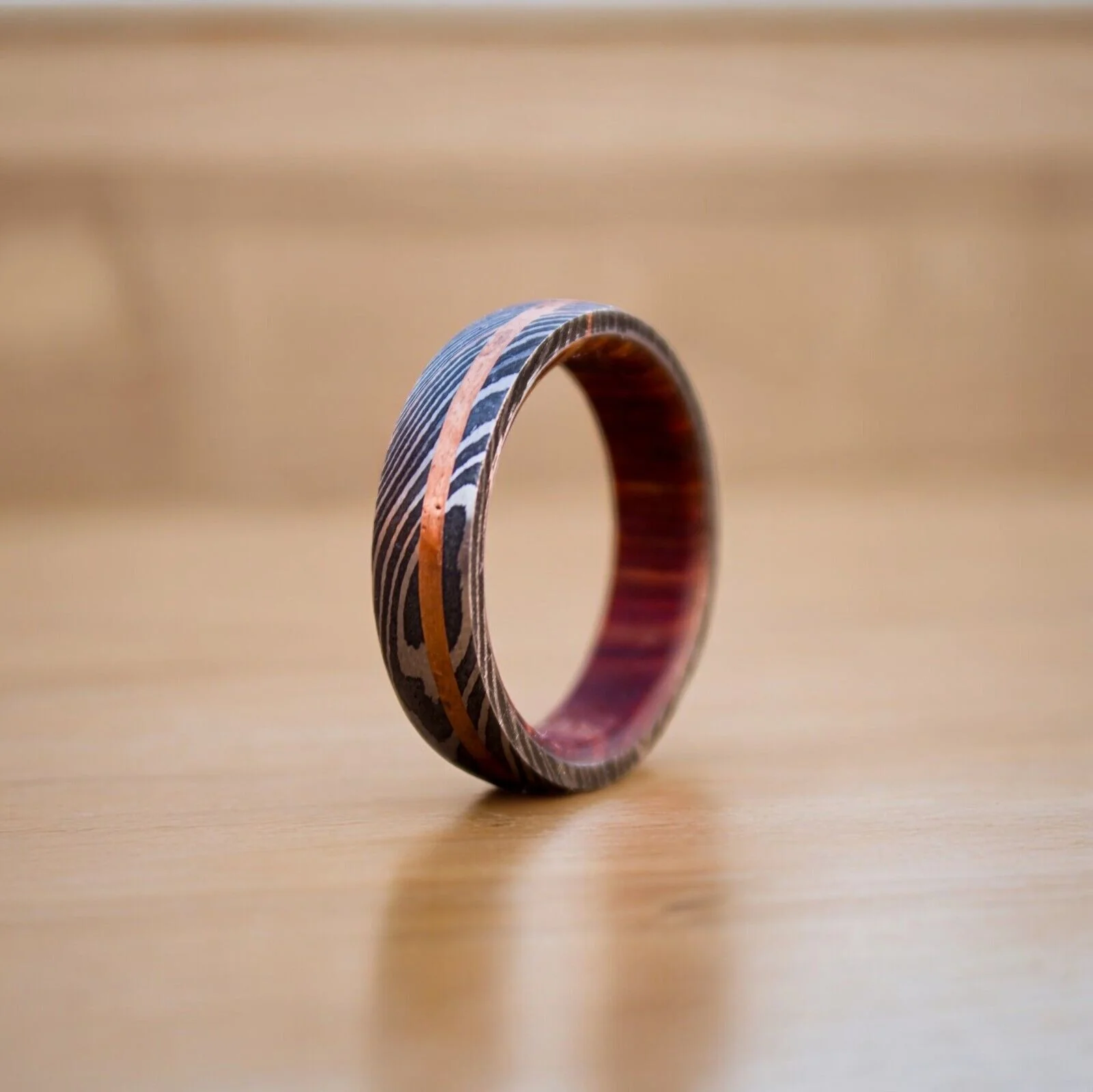 Eternal Harmony Damascus Steel Unity Ceremony Ring with Brass Line and Wood Inlay by KBS Knives Store - Image 2
