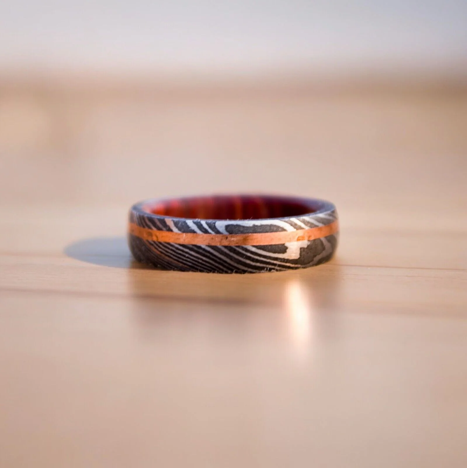 Eternal Harmony Damascus Steel Unity Ceremony Ring with Brass Line and Wood Inlay by KBS Knives Store - Image 3