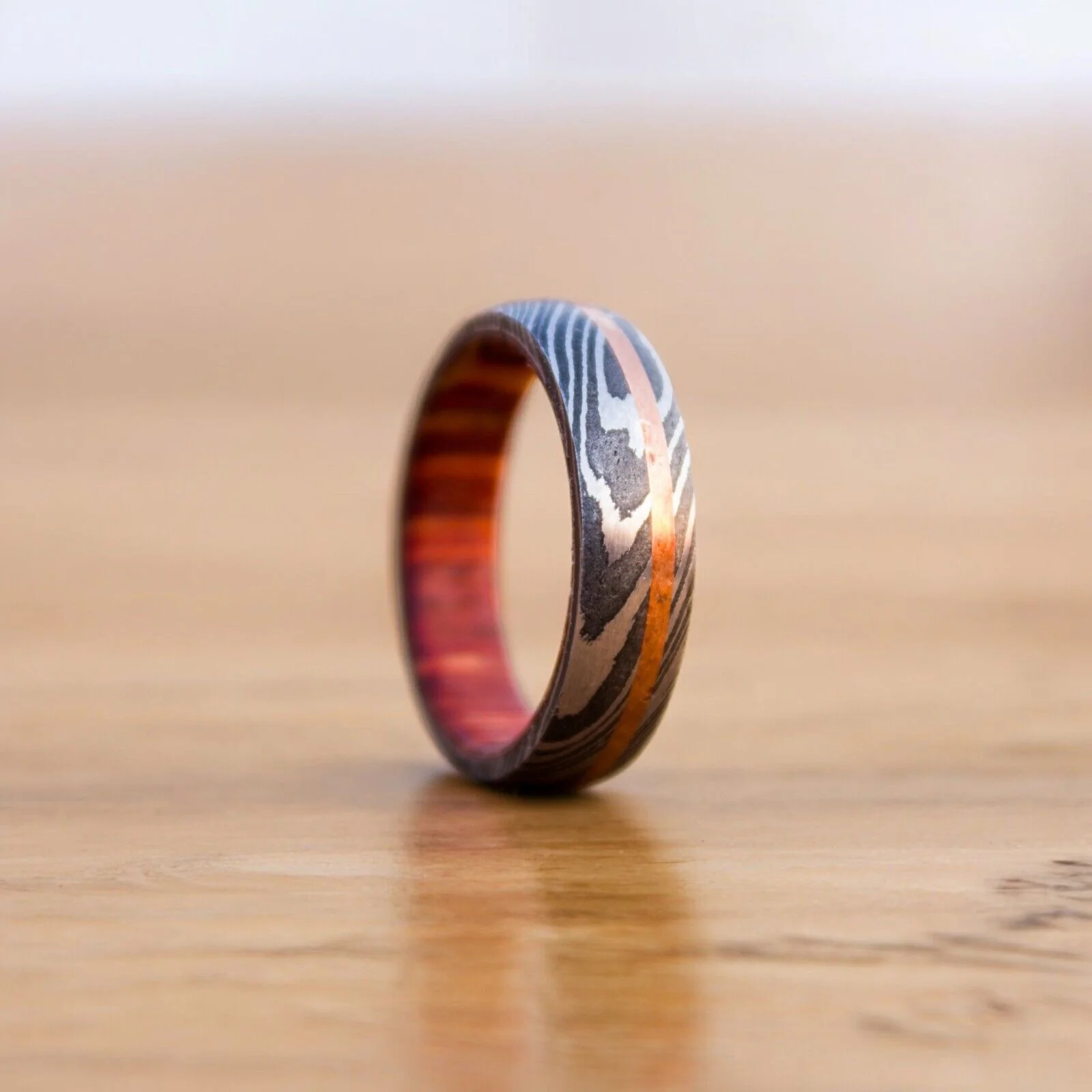 Eternal Harmony Damascus Steel Unity Ceremony Ring with Brass Line and Wood Inlay by KBS Knives Store - Image 4