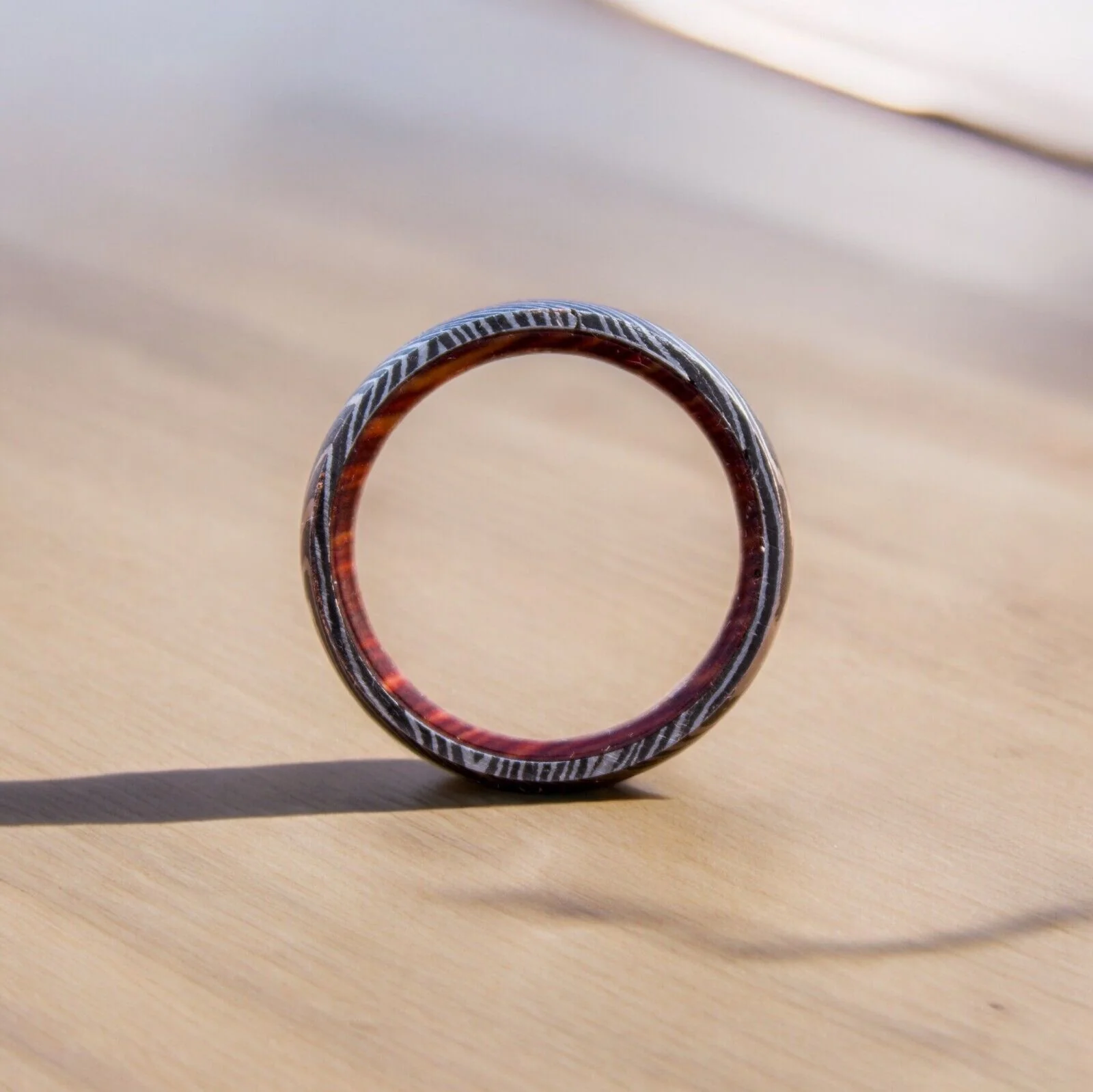 Eternal Harmony Damascus Steel Unity Ceremony Ring with Brass Line and Wood Inlay by KBS Knives Store - Image 5