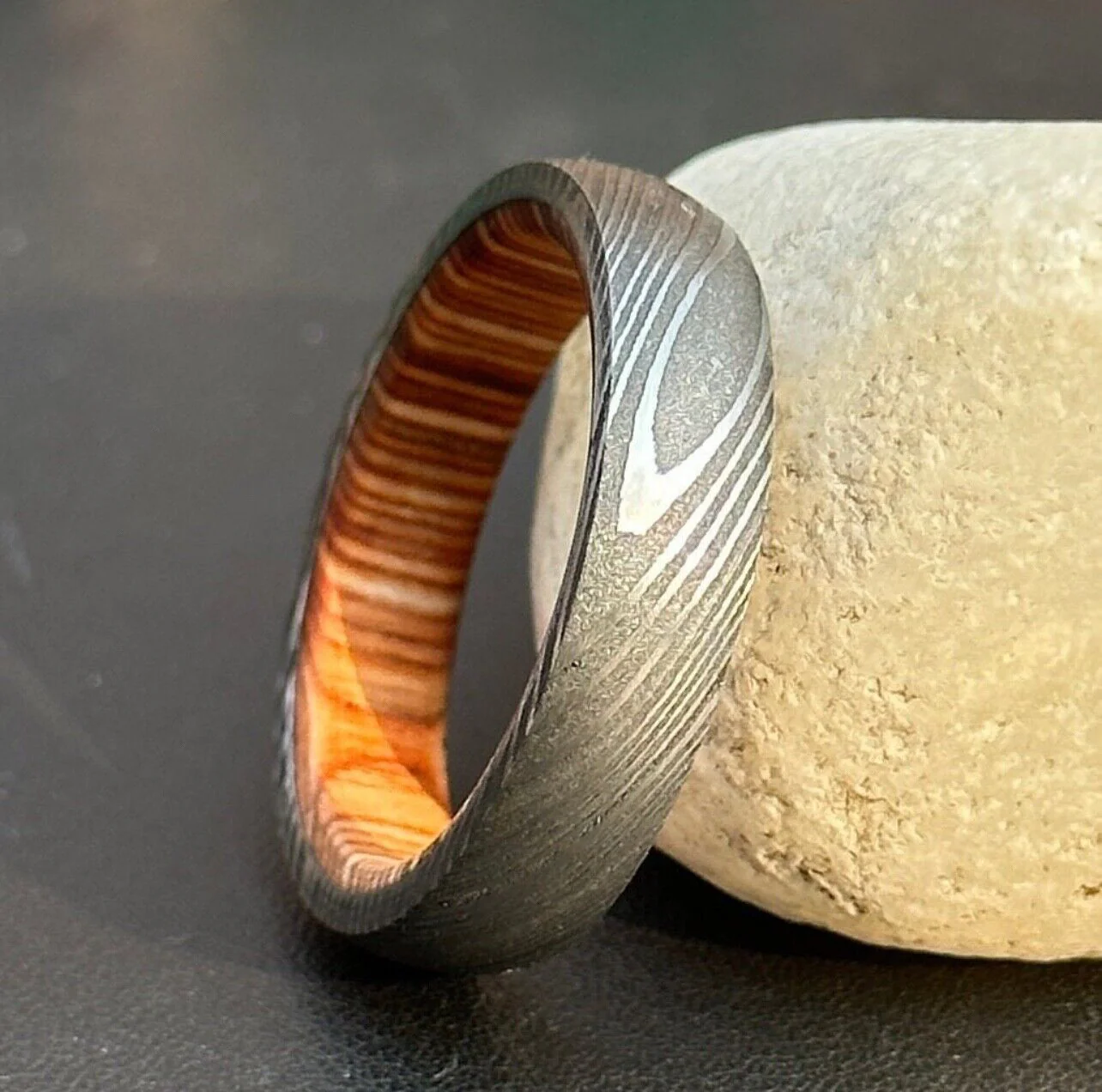 Everlasting Unity Damascus Steel Eternal Commitment Ring with Wood Inlay by KBS Knives Store - Image 2