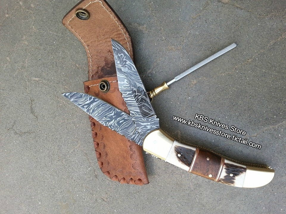 Everyday Carry Custom Handcrafted Damascus Steel Double Blade Folding Pocket Knife – The Dual Edge - Image 4