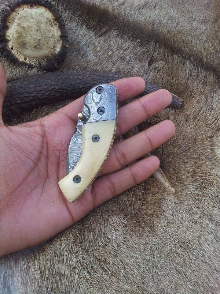 Everyday Carry Damascus Steel Folding Pocket Knife with Bone Handle & Damascus Bolster - Image 4