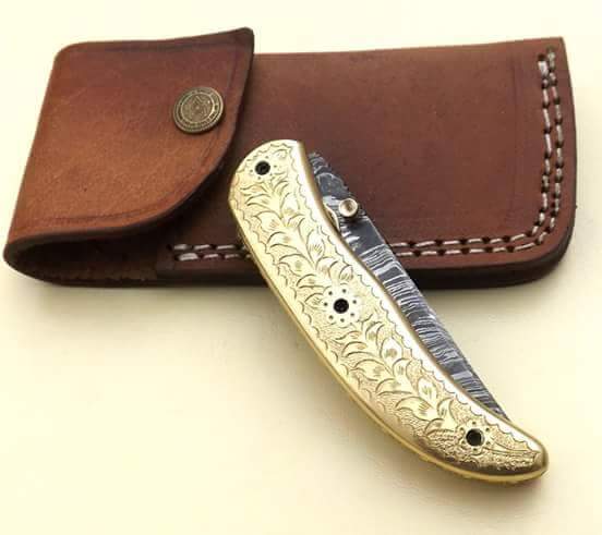Everyday Carry Hand Engraved Damascus Steel Folding Pocket Knife with Brass Handle – The Artisan - Image 3