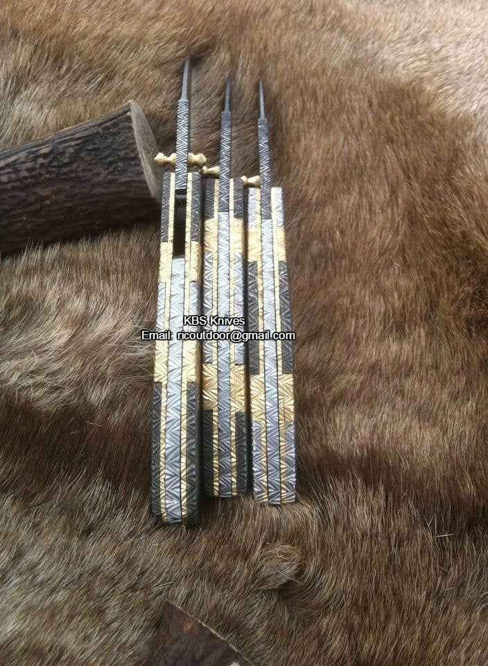 Everyday Carry Set of 3 Hand Engraved Damascus Steel Folding Pocket Knives with Steel and Brass Handles – The TriGuard Collection - Image 3