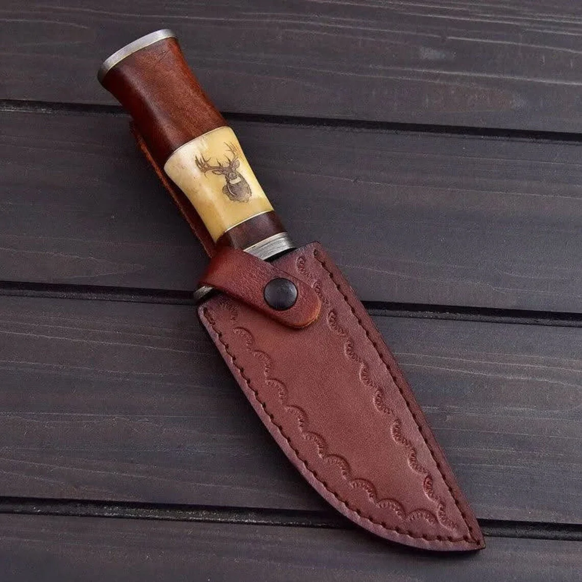 "Exquisite Custom Handmade Damascus Hunting Knife | Engraved Bone-Rose Wood Handle | 10 Inches | Leather Sheath | KBS Knives Store" - Image 2