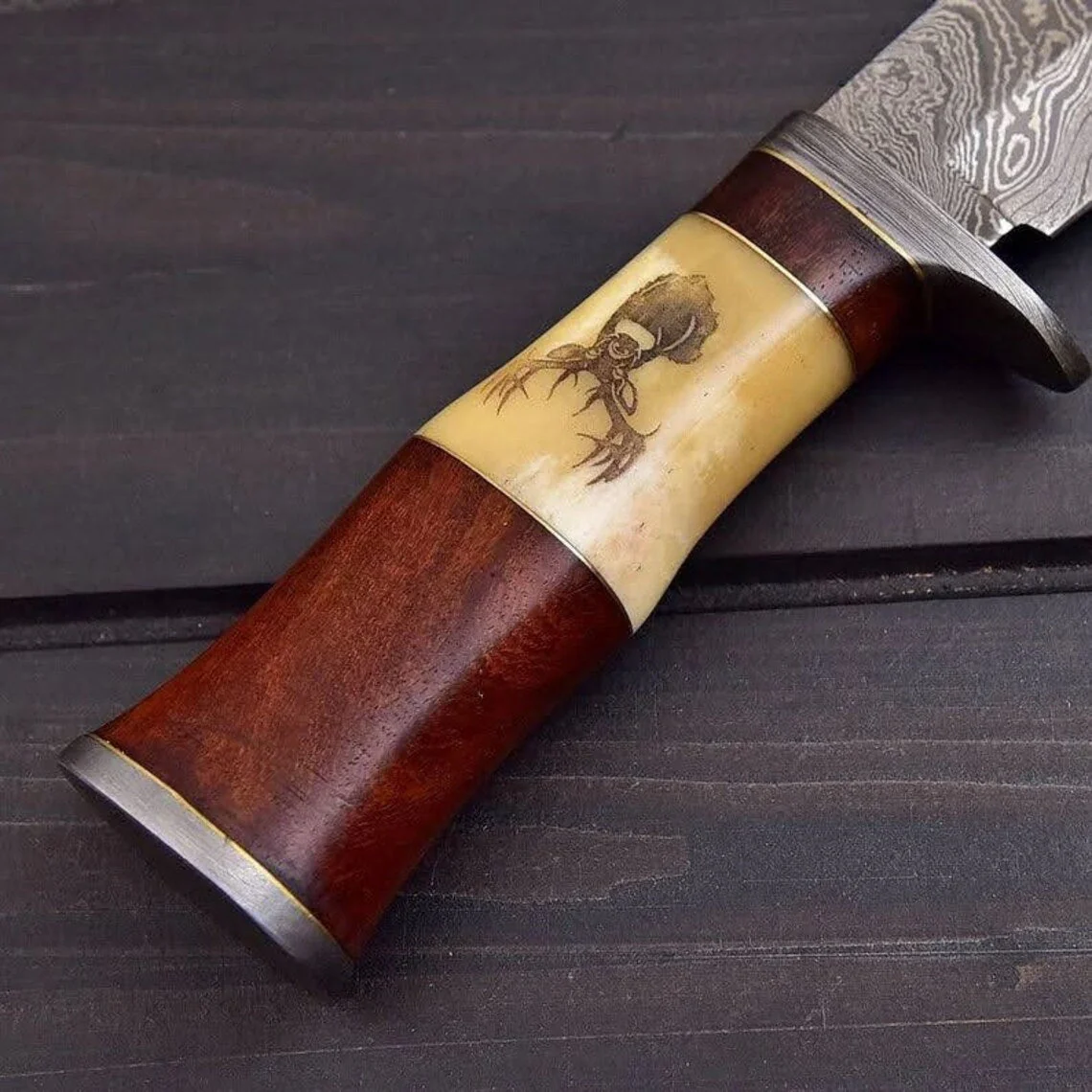"Exquisite Custom Handmade Damascus Hunting Knife | Engraved Bone-Rose Wood Handle | 10 Inches | Leather Sheath | KBS Knives Store" - Image 3