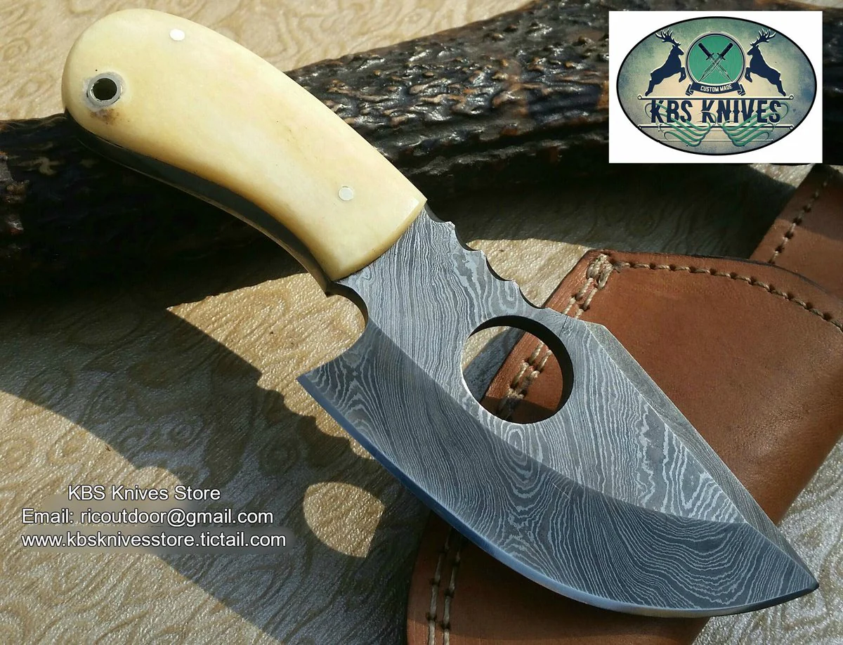 Finger Hole Damascus Skinning Knife - Image 2