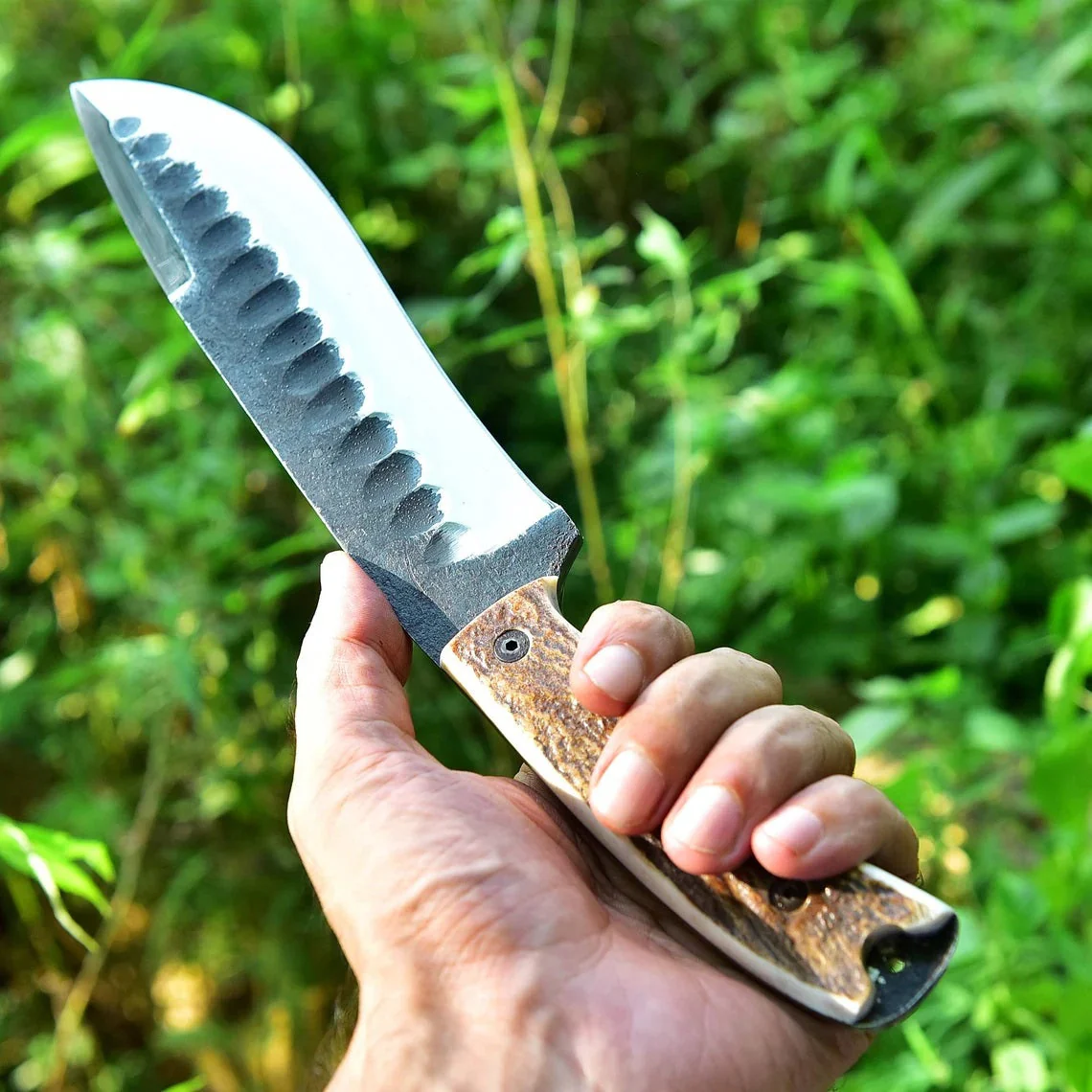 Frontier Survival Camping Knife – 12" Custom Handmade High Carbon Forged Steel Blade with Antler Horn Handle - Image 3