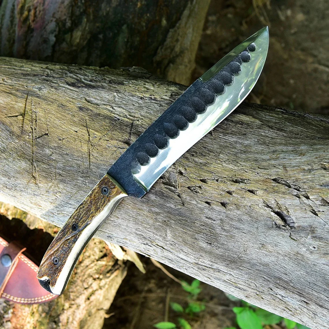 Frontier Survival Camping Knife – 12" Custom Handmade High Carbon Forged Steel Blade with Antler Horn Handle - Image 4
