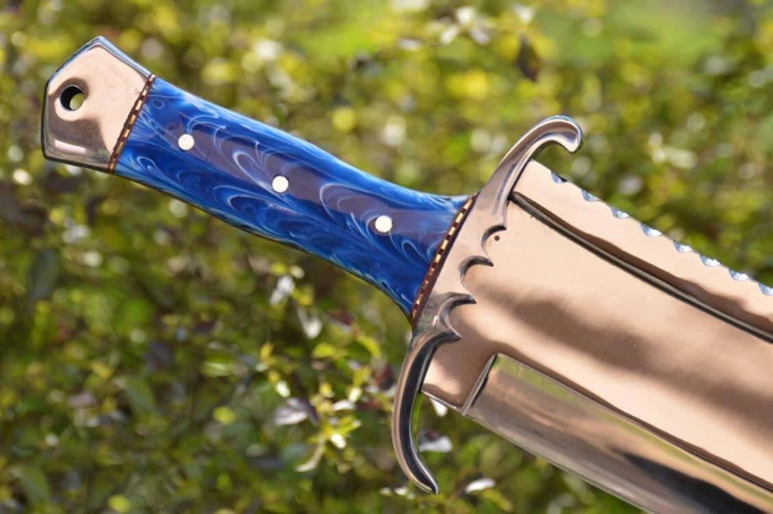 Full Tang Bowie Knife with Leather Sheath for Sale – Custom Handmade Mirror Polished D2 Steel Blade, Epoxy Resin Handle, Steel Guard & Brass Spacers | 17-Inch Hunting Knife – KBS Knives - Image 2