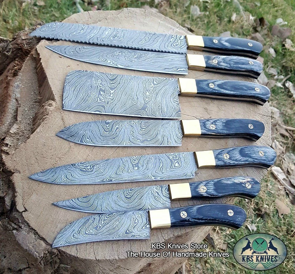 Full Tang Custom Handmade Damascus Steel Kitchen Knives Set - Image 4