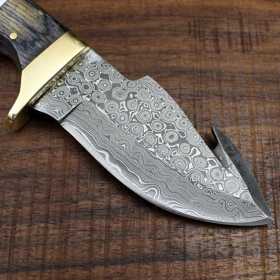 Full Tang Custom Handmade Damascus Steel Raindrop Guthook Skinning Knife - Image 2