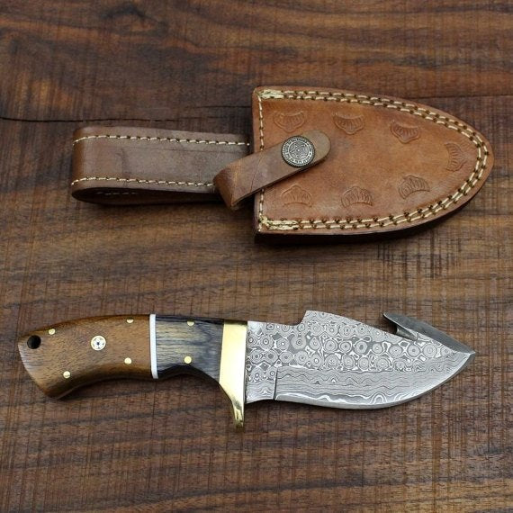 Full Tang Custom Handmade Damascus Steel Raindrop Guthook Skinning Knife - Image 3