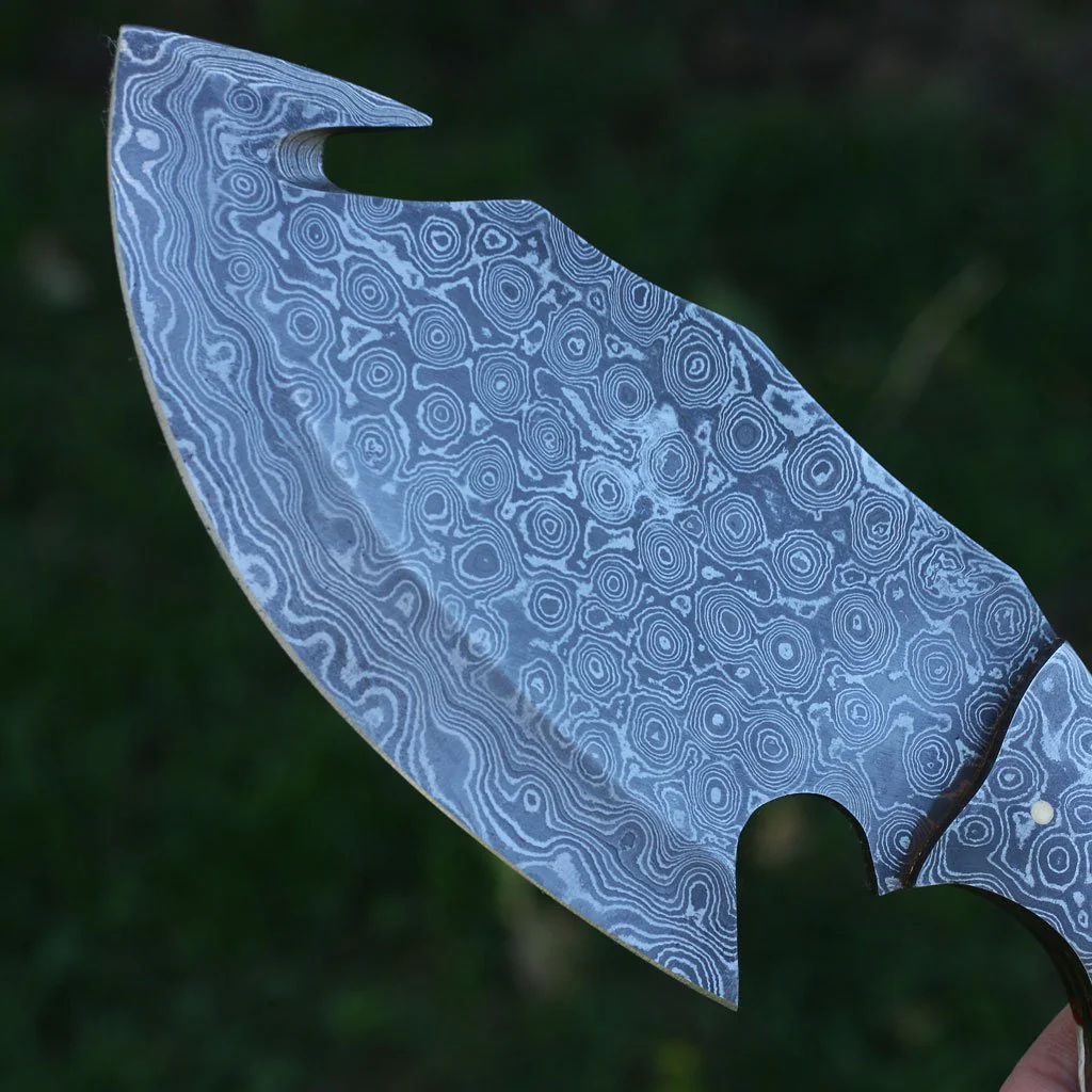 Full Tang Custom Handmade Raindrop Damascus Steel Guthook Skinner knife - Image 2