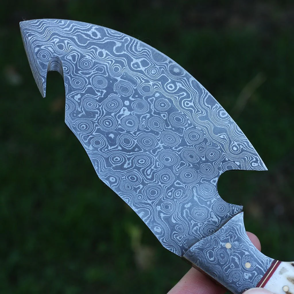 Full Tang Custom Handmade Raindrop Damascus Steel Guthook Skinner knife - Image 3