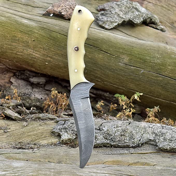 Good Skinning Knife Custom Handmade Full Tang Damascus Steel with Bone Handle, 8-inch - The Bonecrest - Image 3