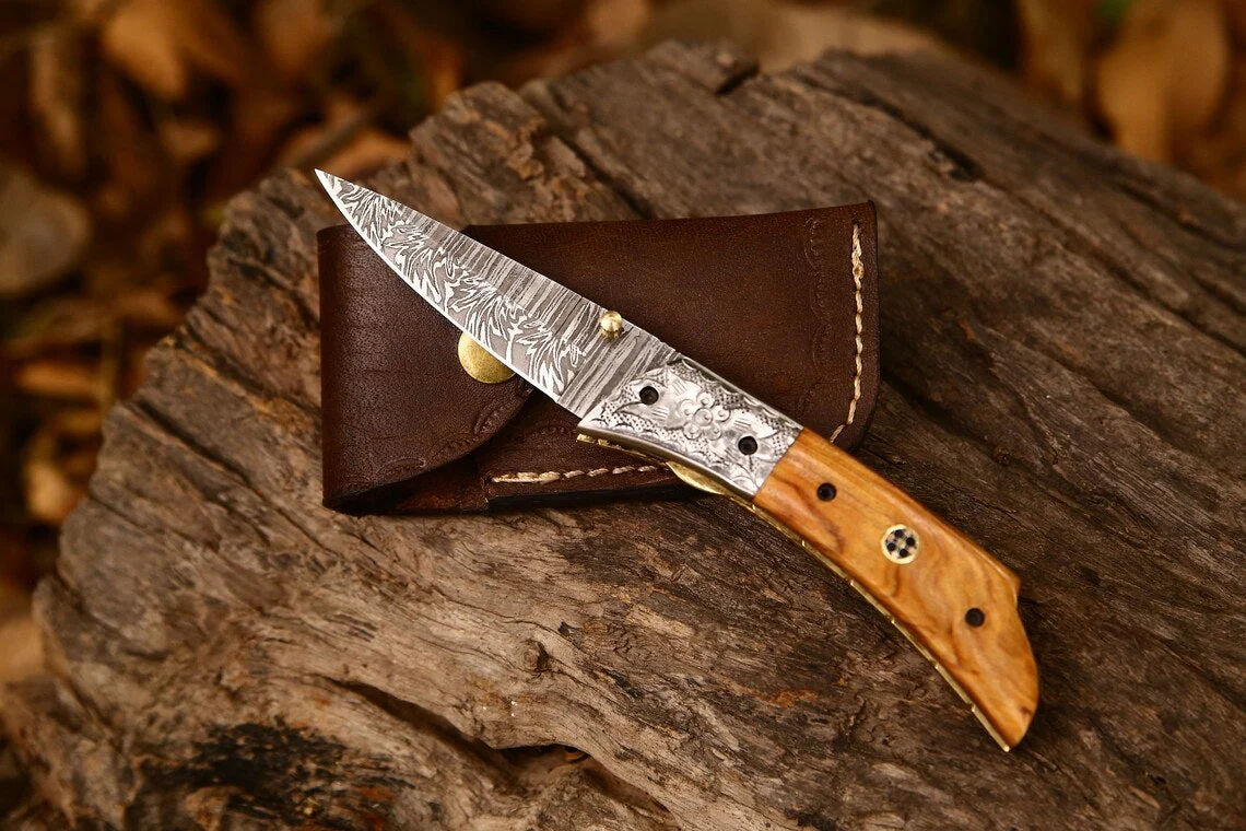 Hand Engraved Custom Damascus Steel EDC Folding Pocket Knife | 3-Inch Blade, Olive Wood Handle, Leather Case | Gift Idea - Image 2