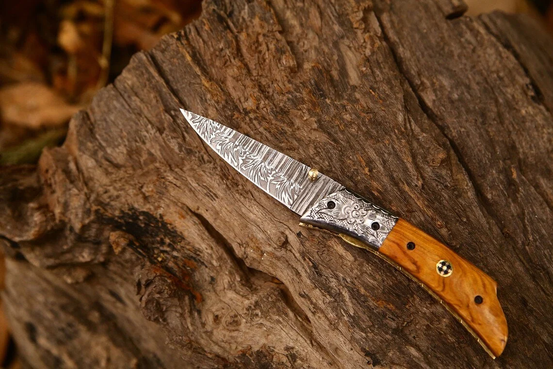 Hand Engraved Custom Damascus Steel EDC Folding Pocket Knife | 3-Inch Blade, Olive Wood Handle, Leather Case | Gift Idea - Image 3