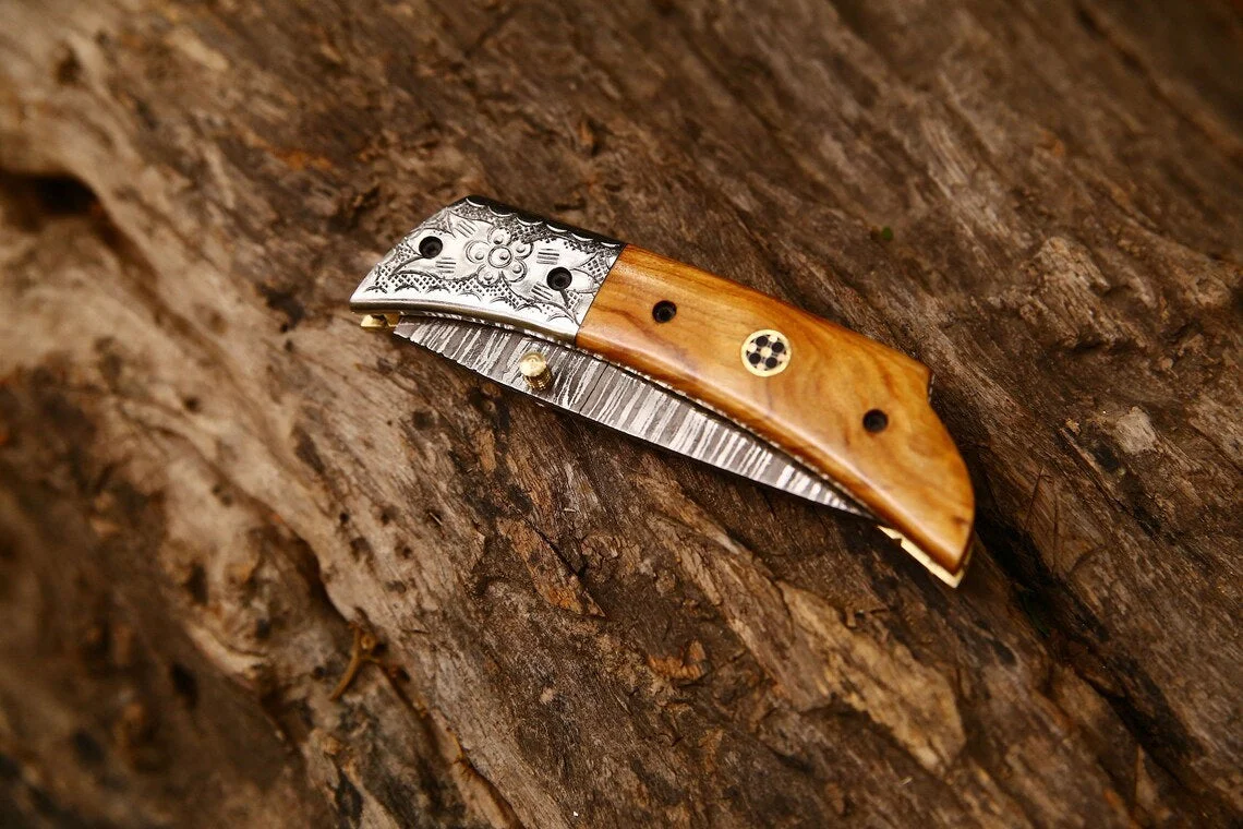 Hand Engraved Custom Damascus Steel EDC Folding Pocket Knife | 3-Inch Blade, Olive Wood Handle, Leather Case | Gift Idea - Image 5