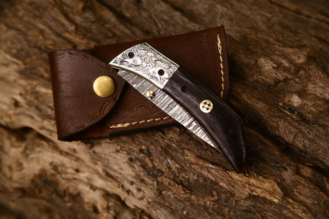 Hand Engraved Custom Damascus Steel EDC Folding Pocket Knife | 3-Inch Blade, Wenge Wood Handle, Leather Case | Anniversary Gift Idea - Image 3