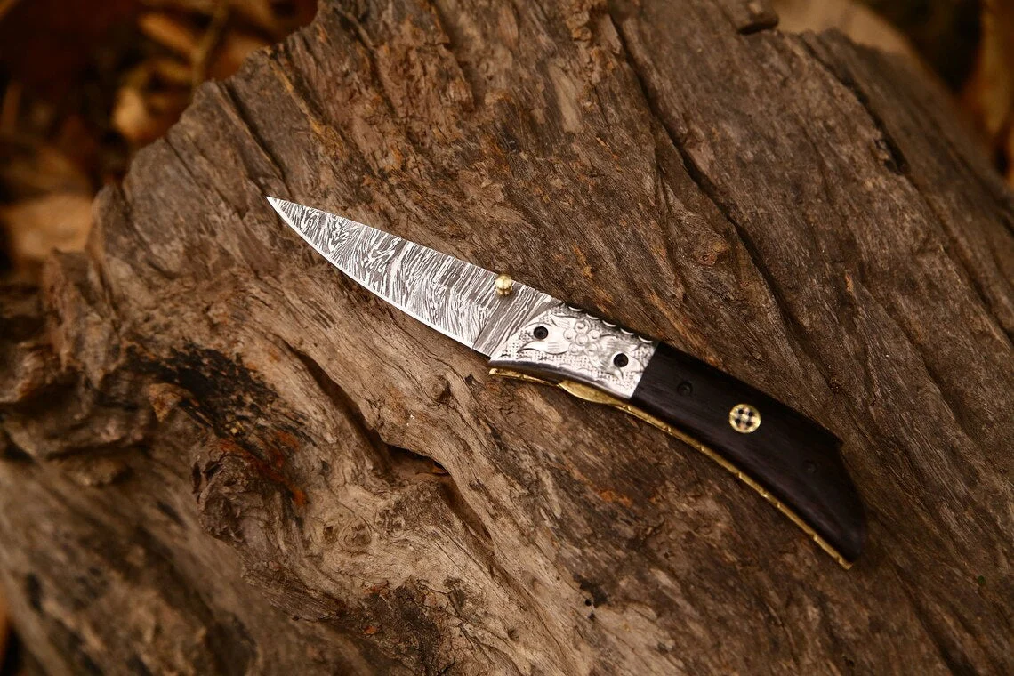 Hand Engraved Custom Damascus Steel EDC Folding Pocket Knife | 3-Inch Blade, Wenge Wood Handle, Leather Case | Anniversary Gift Idea - Image 4