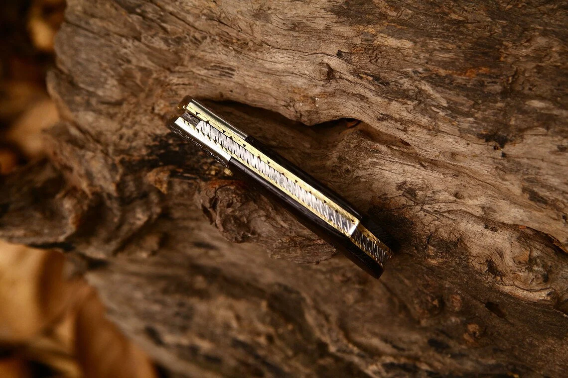 Hand Engraved Custom Damascus Steel EDC Folding Pocket Knife | 3-Inch Blade, Wenge Wood Handle, Leather Case | Anniversary Gift Idea - Image 5