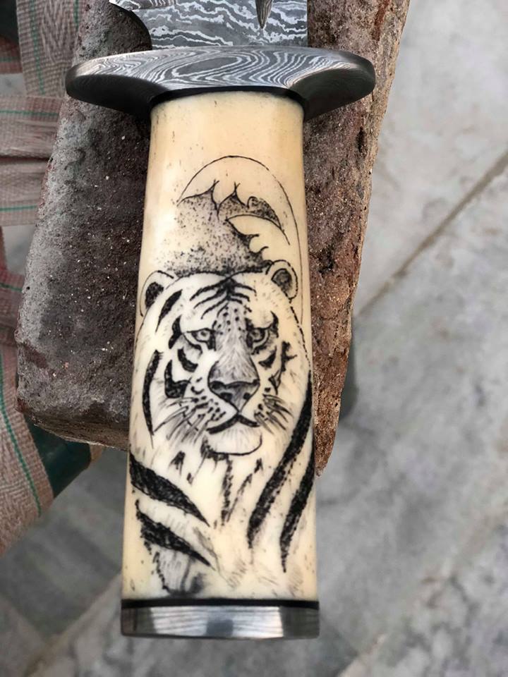 Hand Engraved Hunting Bowie Knife - Custom Handcrafted Damascus Steel Blade, Hand Engraved Bone Handle, Damascus Guard, 12" Overall Length | Leather Sheath | Personalized Engraving Available | KBS Knives - Image 2