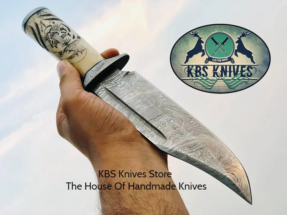Hand Engraved Hunting Bowie Knife - Custom Handcrafted Damascus Steel Blade, Hand Engraved Bone Handle, Damascus Guard, 12" Overall Length | Leather Sheath | Personalized Engraving Available | KBS Knives - Image 3