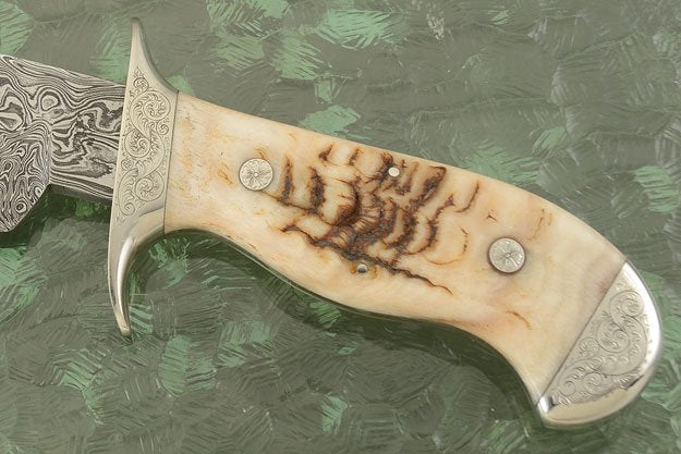 Hand Engraved Tennessee Bowie Knife - Custom Damascus Steel Blade, Ram Horn Handle, Hand Engraved Steel Guard and Bolster, 15" Overall Length | Leather Sheath | KBS Knives - Image 2