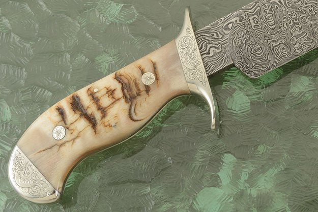 Hand Engraved Tennessee Bowie Knife - Custom Damascus Steel Blade, Ram Horn Handle, Hand Engraved Steel Guard and Bolster, 15" Overall Length | Leather Sheath | KBS Knives - Image 4