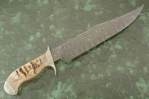 Hand Engraved Tennessee Bowie Knife - Custom Damascus Steel Blade, Ram Horn Handle, Hand Engraved Steel Guard and Bolster, 15" Overall Length | Leather Sheath | KBS Knives - Image 5