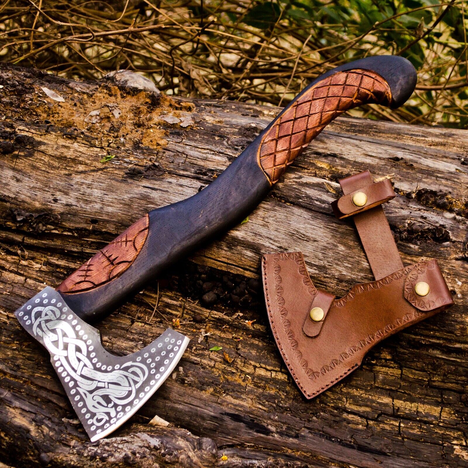 Handcrafted Battle Axe with Engraved 1095 Steel Blade and Hand Engraved Rosewood Handle – KBS Knives Store - Image 2