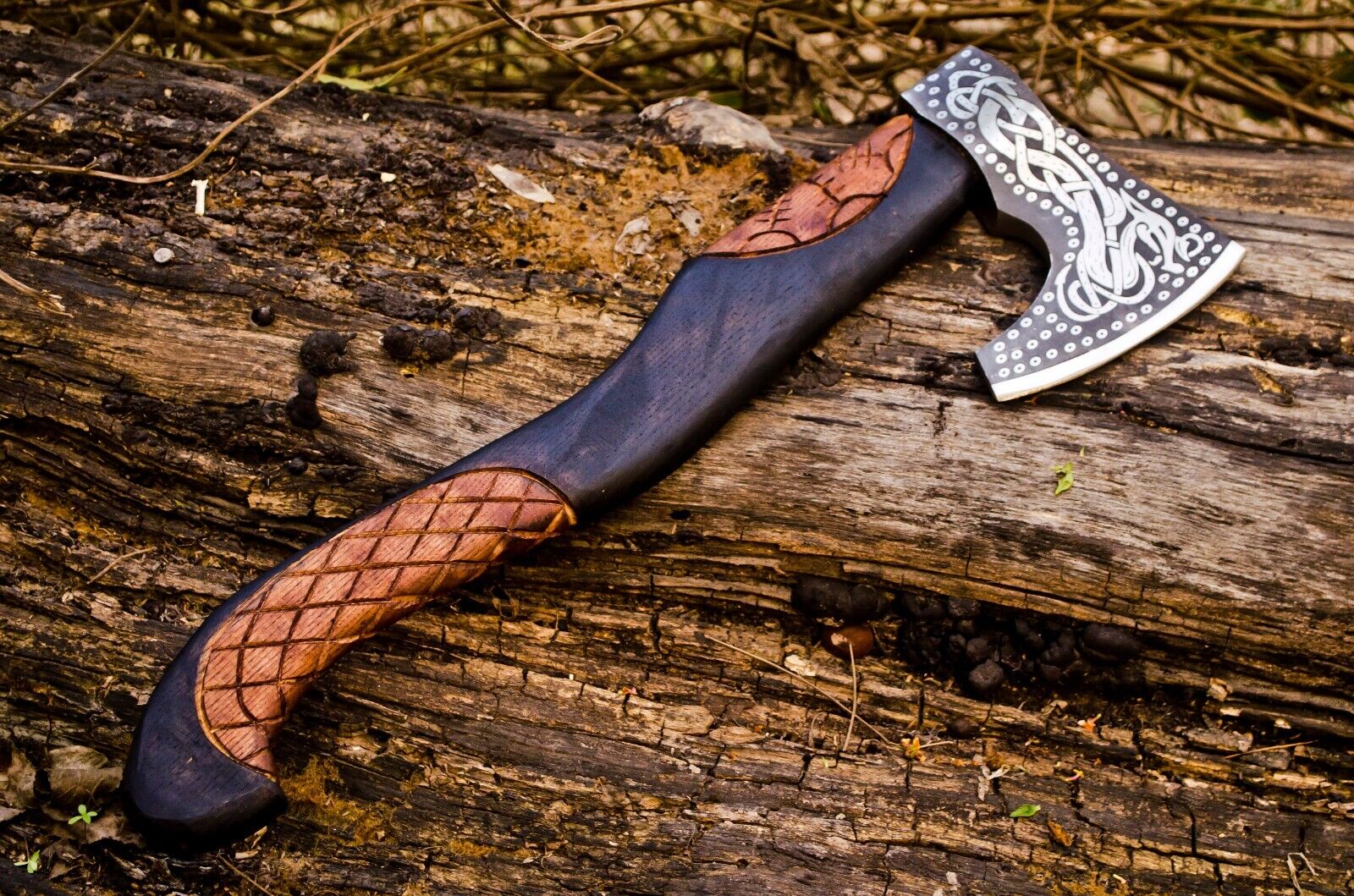 Handcrafted Battle Axe with Engraved 1095 Steel Blade and Hand Engraved Rosewood Handle – KBS Knives Store - Image 5
