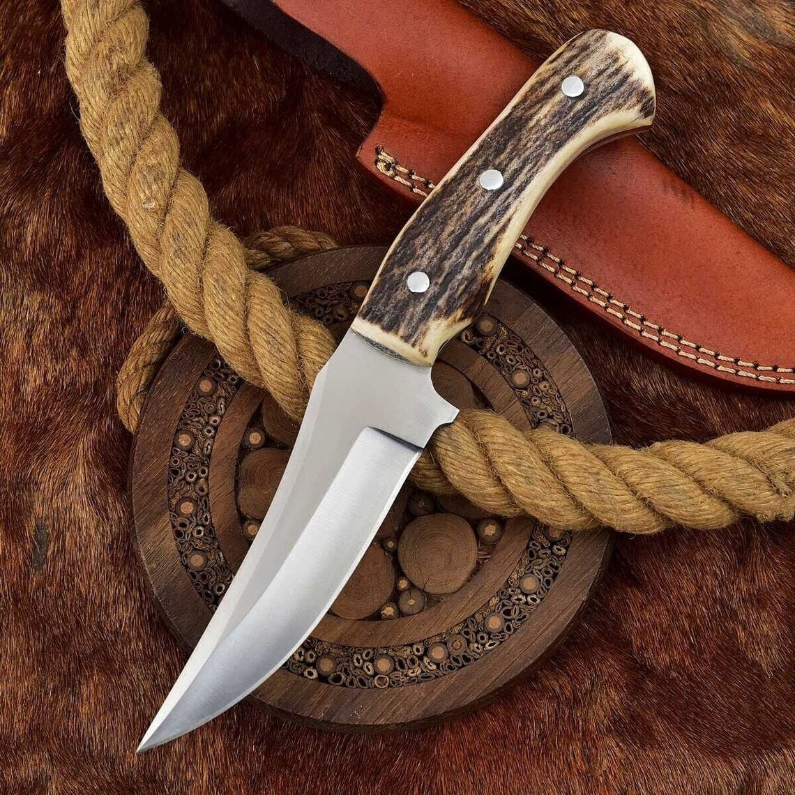 Handcrafted Custom Deer Skinning Knife with Antler Handle - Image 3