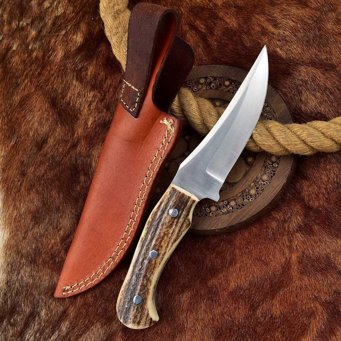 Handcrafted Custom Deer Skinning Knife with Antler Handle - Image 4