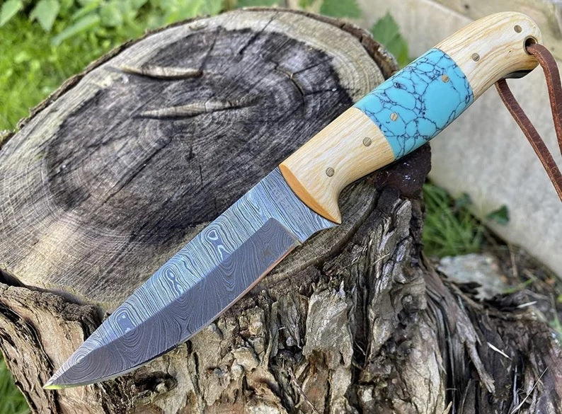 Handcrafted Damascus Hunting Knife with Olive Wood and Resin Handle by KBS Knives Store - Image 2