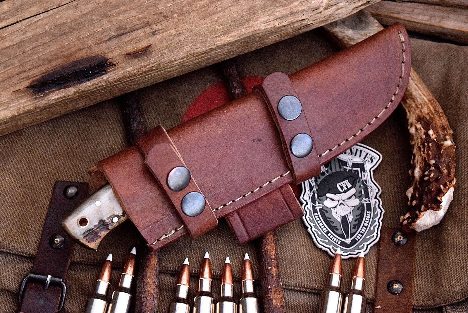 Handcrafted Deer Hunting Knife with Damascus Steel & Sheep Horn Handle - Image 2