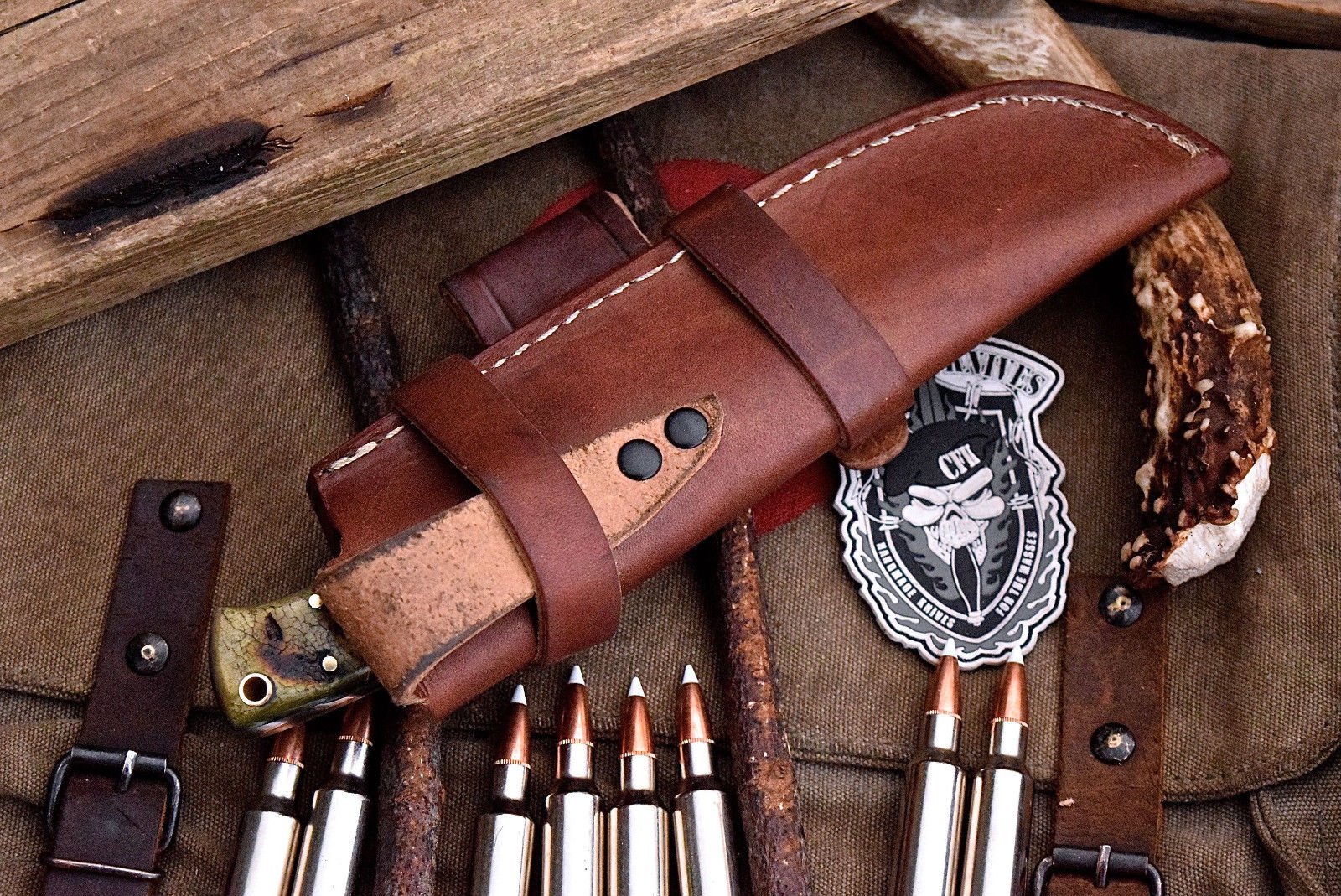 Handcrafted Deer Hunting Knife with Damascus Steel & Sheep Horn Handle - Image 3