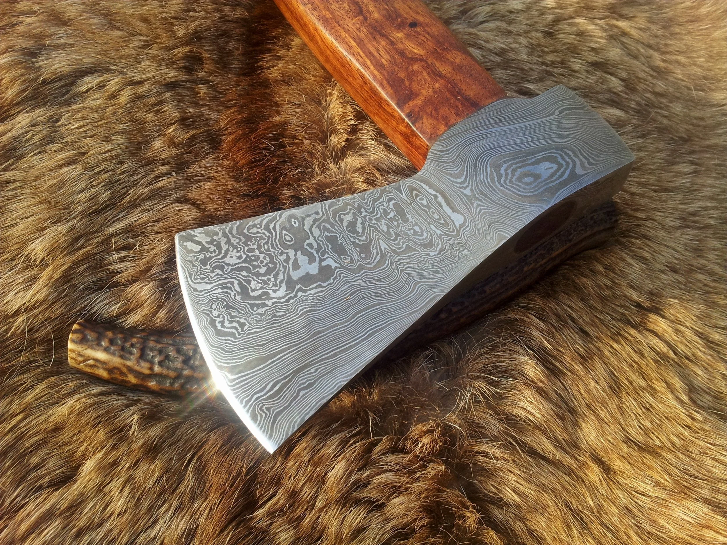 Handmade Custom Viking Axe with Damascus Steel Blade, Rosewood Handle, and Leather Sheath - KBS Knives Store - Image 3
