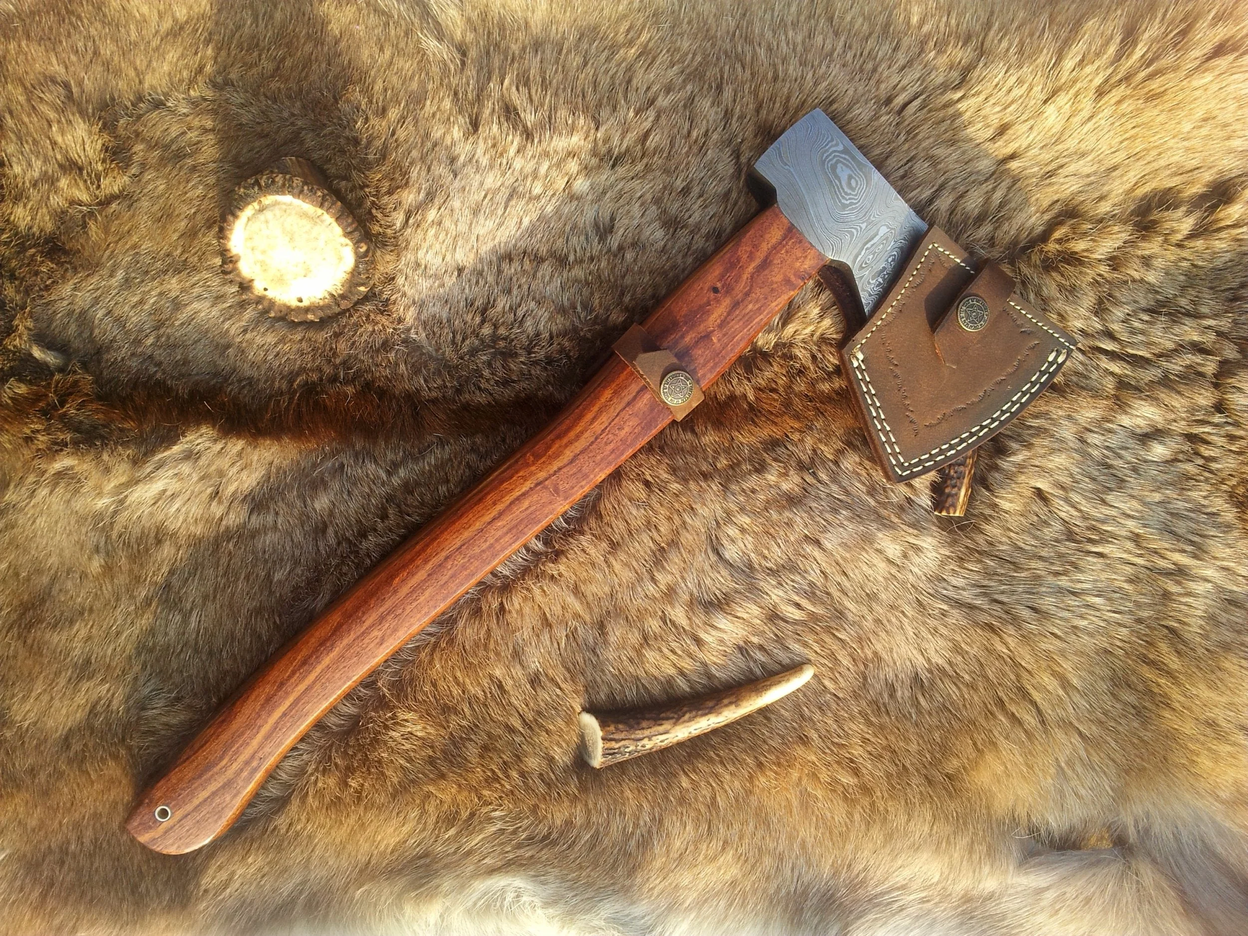 Handmade Custom Viking Axe with Damascus Steel Blade, Rosewood Handle, and Leather Sheath - KBS Knives Store - Image 4