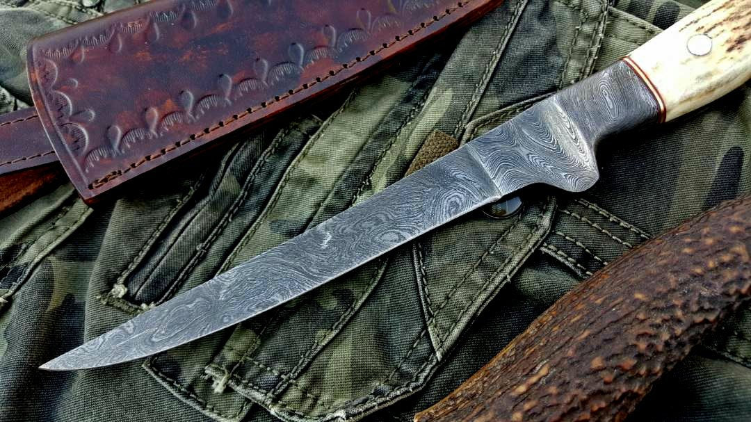 Handmade Damascus Steel Fillet Boning Knife with Antler Horn and Damascus Bolster Handle - Image 2