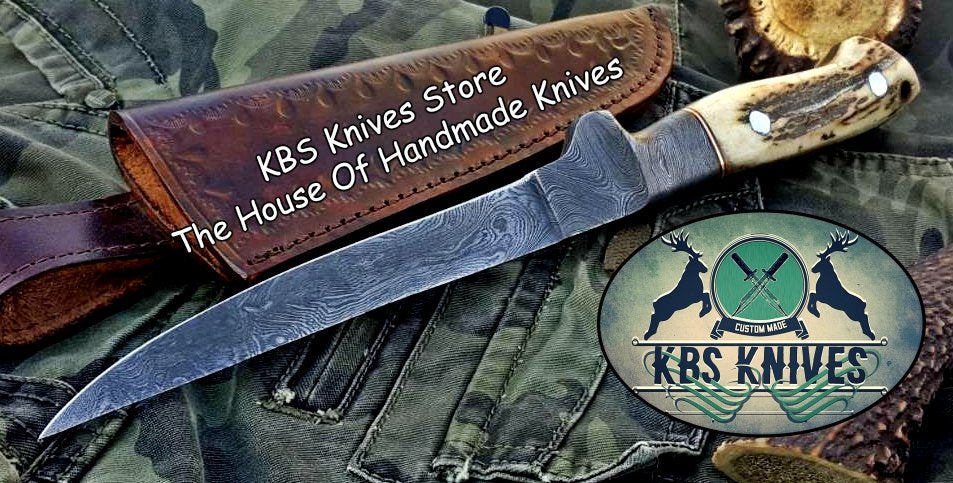 Handmade Damascus Steel Fillet Boning Knife with Antler Horn and Damascus Bolster Handle - Image 4