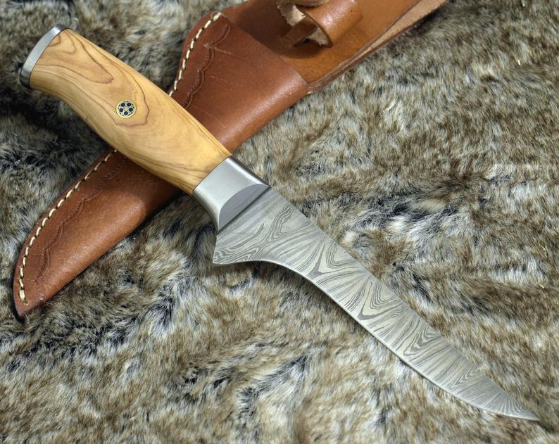 Handmade Damascus Steel Fillet-Boning Knife with Olive Wood and Steel Bolster Handle - 11 Inch Overall Length - Image 2